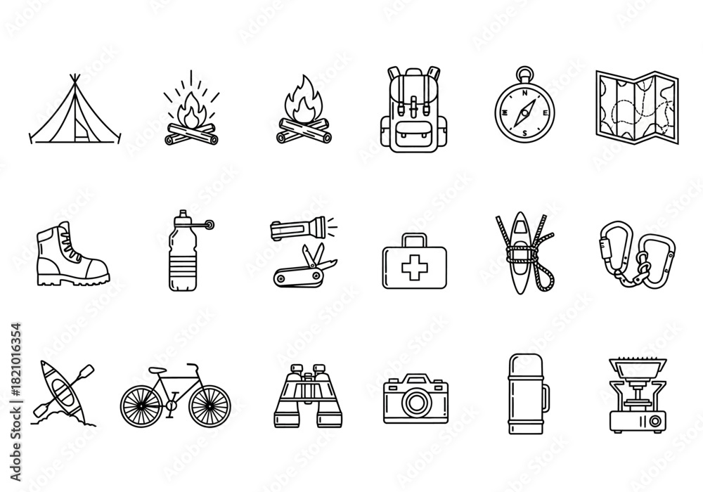 Naklejka premium Vector line icon collection for outdoor recreation and survival gear, laujrnoi (123) design elements for camping and hiking