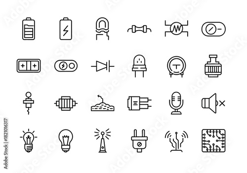 A comprehensive set of thin line icons representing various electronic components and electricity symbols like batteries, resistors, and microchips