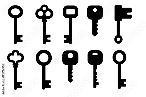 Key Icon Collection. Solid style icons of Key styles and variations: barrel key, bit key, double-sided key, pipe key, long-neck
