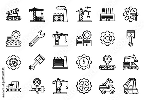 Industrial engineering and construction machinery vector icon set. Outline symbols for manufacturing, factory, and heavy transport
