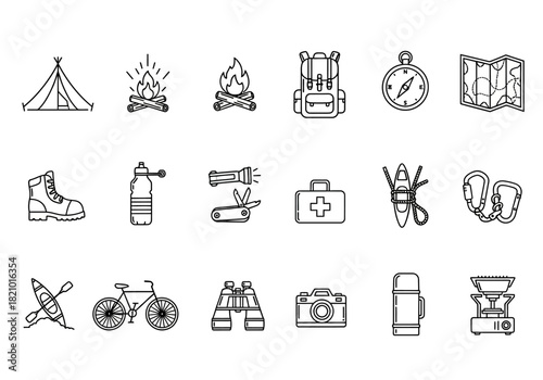 Vector line icon collection for outdoor recreation and survival gear, laujrnoi (123) design elements for camping and hiking
