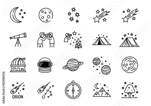 A celestial journey of cosmic exploration shown through a set of line icons featuring planets, stars, and stargazing equipment