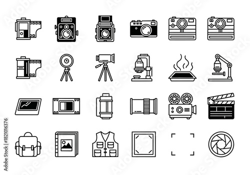 A comprehensive collection of outline icons representing photography and videography equipment, from vintage film cameras to modern digital gear