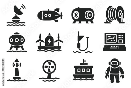 Ocean Technology Icons. Solid style icons of Ocean Technology: satellite buoy, underwater drone, pressure chamber, cable reel,