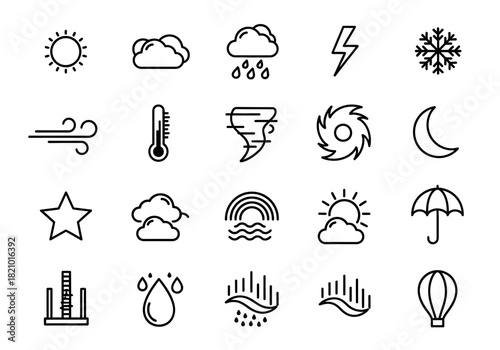 A comprehensive collection of weather forecast line icons, featuring symbols for meteorology, climate, and atmospheric phenomena