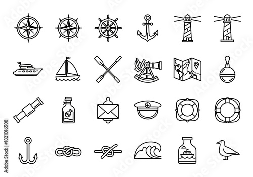 Collection of monochrome outline icons for maritime themes, including a compass, anchor, ship's wheel, and other nautical navigation symbols