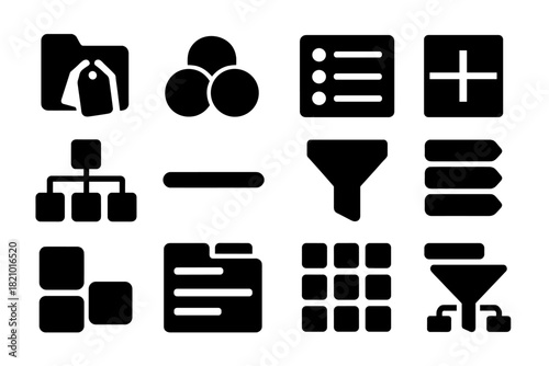 Solid Icon Categorization. Solid style icons of categorization: folder with tags, grouped items icon, labeled category icon, color