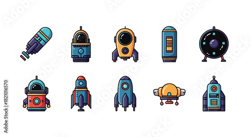 Collection of colorful spacecraft illustrations vector graphics on white