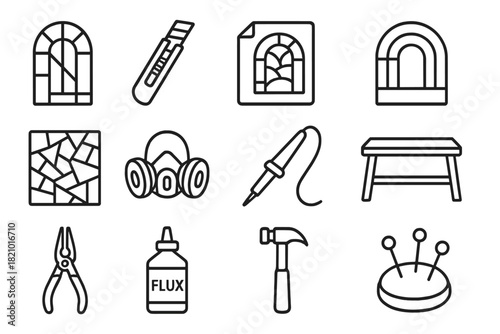 Artistic Window Tools Icons. Line style icons of Artistic Windows: Lead Strips, Cutting Tool, Drawing Template, Rainbow Light;