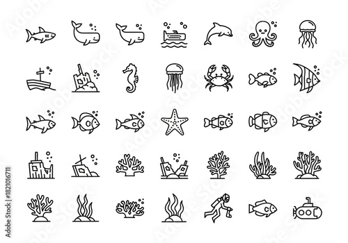 A diverse collection of marine life and underwater world icons
