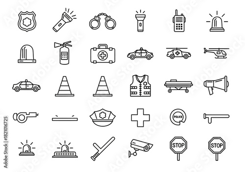 Essential collection of modern line icons depicting law enforcement, public safety equipment, and emergency services symbols