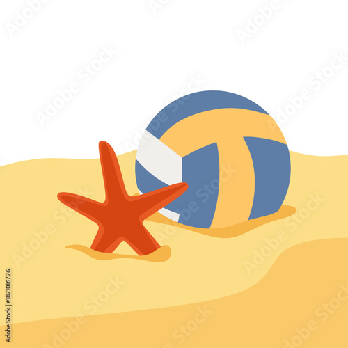 Flat Illustration of Beach Volleyball in Sand with Starfish