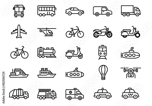 A diverse set of thin line vector icons representing various modes of transportation, including cars, planes, boats, and public transit, from the laujrnoi 147 series