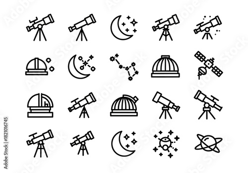 A simple set of line art icons related to astronomy and stargazing, featuring telescopes, constellations, and celestial objects