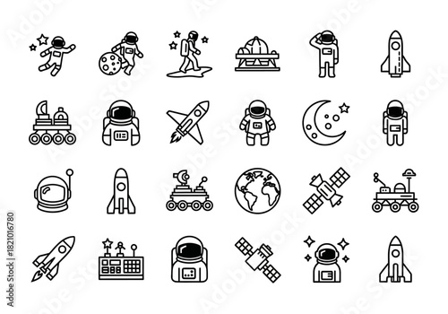 Set of linear icons depicting space exploration themes. Includes astronaut, rocket ship, planet Earth, satellite, and moon rover graphics