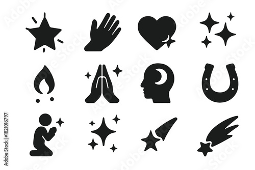Wishes and Dreams Icons. Solid style icons of Wishes and Dreams: glowing star, hand reaching up, heart wish, sparkle aura,