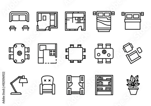 Set of top-view furniture and architecture symbols. Vector line icons for interior design floor plans, including sofa, bed, and table
