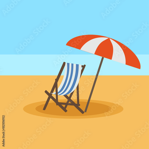 Flat Illustration of Beach Chair and Striped Umbrella
