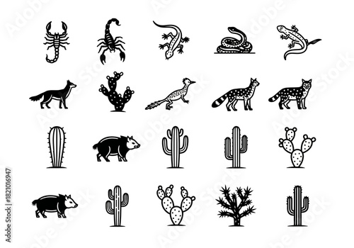 Vector icon pack of Sonoran Desert fauna and flora featuring glyphs of coyote, scorpion, saguaro cactus, and javelina