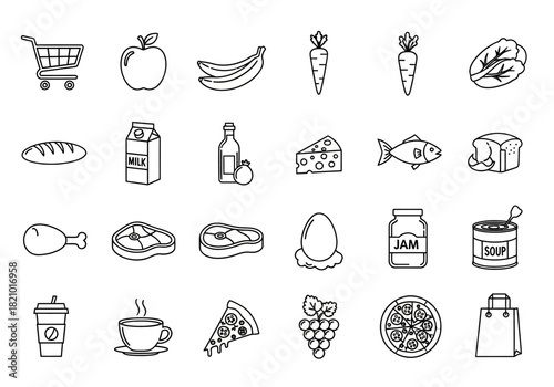 Grocery shopping and food icon set in a simple black and white outline style. Vector collection of market products and meals