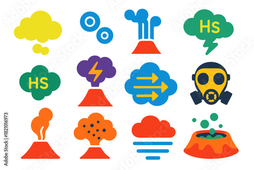 Volcanic Gas Icons. Flat vector icons of volcanic gases: sulfur dioxide cloud, carbon dioxide bubble, water vapor plume, hydrogen