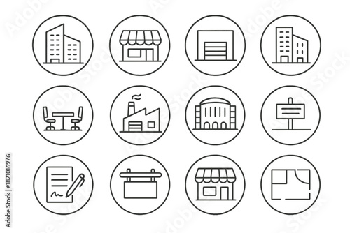 Commercial Real Estate Icons. Line style round icons of commercial real estate: office building, retail space, warehouse icon,