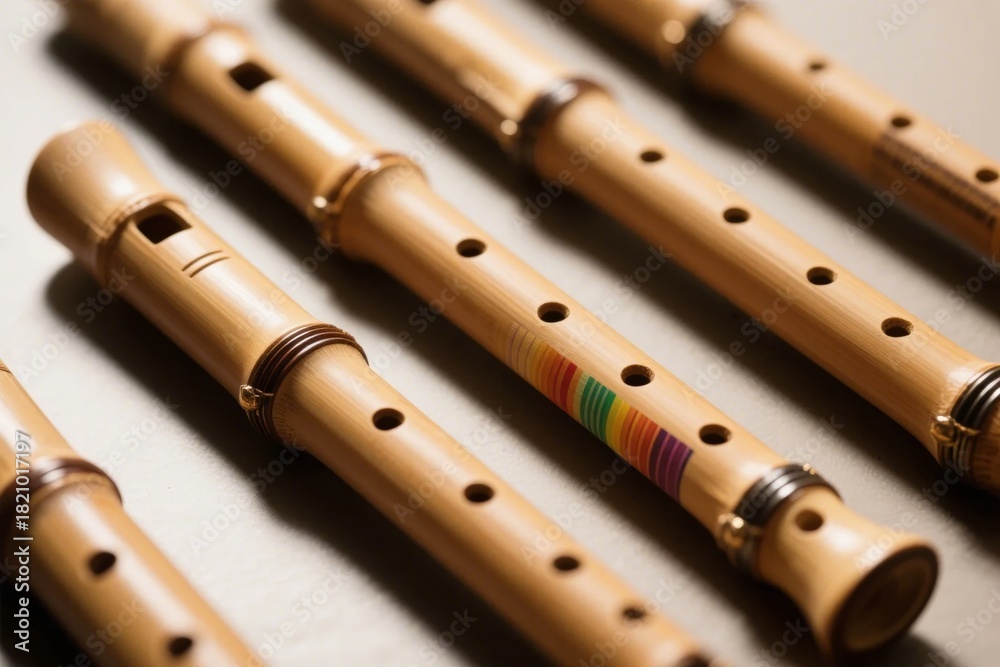 Naklejka premium A close-up view of several wooden flutes arranged diagonally, featuring finger holes and decorative bands.