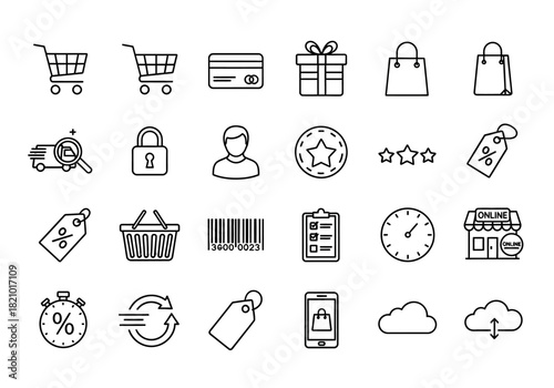 Comprehensive collection of thin line icons for e-commerce, online shopping, retail business, and digital marketing applications