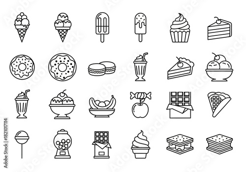 A diverse collection of line art icons representing various sweets, desserts, and confectionery, including cake, ice cream, and candy for graphic design
