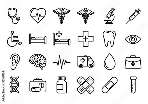Medical and health care outline icon set. Thin line vector symbols for hospital, clinic, pharmacy, and emergency services