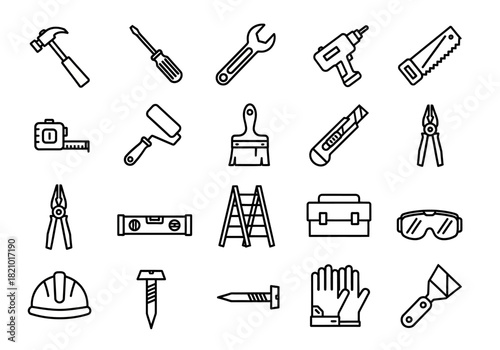 A collection of essential construction and home repair tool icons in a clean outline style, representing hardware, DIY tasks, and building equipment