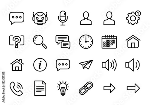 A collection of essential thin line icons for user interface design. Vector symbols for web and mobile apps, including chat, user, search, and settings