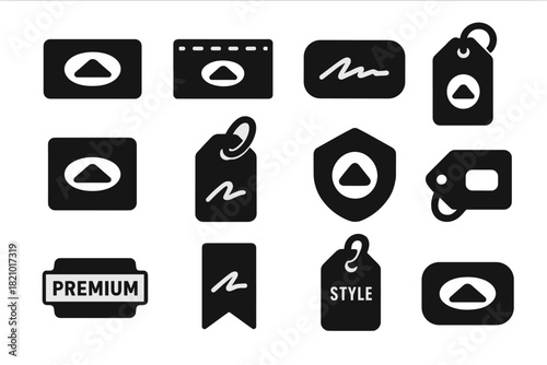 Branding Icons Collection. Solid style icons of Branding and merchandise tags: logo label, stitched brand tag, signature label,