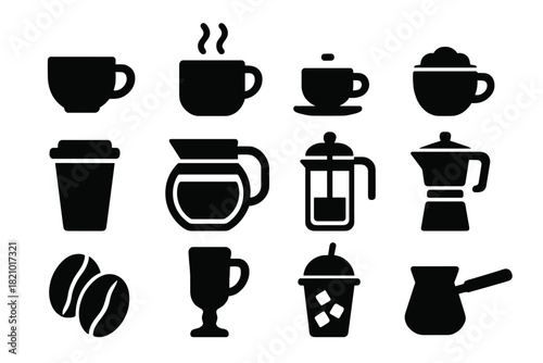 Coffee Icon Collection. Solid style icons of Coffee: coffee cup, steaming mug, espresso cup, cappuccino mug, to-go cup, coffee pot
