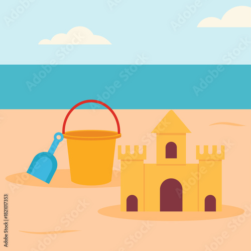 Flat Illustration of Sand Castle Shovel and Bucket Toys