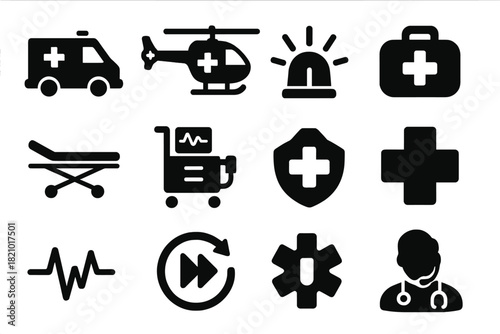 Emergency Services Icons. Solid style icons of Emergency services: ambulance, rescue helicopter, ER siren, emergency stretcher,