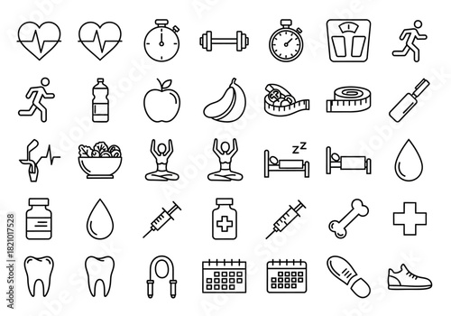 A comprehensive set of thin line icons representing a healthy lifestyle, fitness, nutrition, and medical care