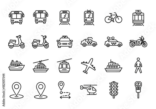 A versatile set of transportation and travel line icons, featuring various public and private vehicles for city navigation and logistics design