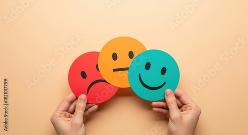 Hands holding colorful emotion faces sad neutral and happy