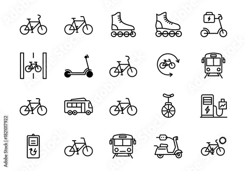 Urban mobility and personal journey icons featuring sustainable transport options like bicycles, electric scooters, rollerblades, and city transit vehicles in a clean line style