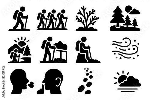 Winter Trek Adventures. Solid style icons of Snow Trekking Experience: solo hiker, group trail, morning frost, pine glade, scenic