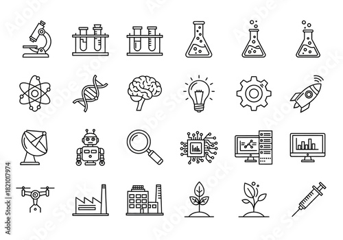 A versatile set of thin line icons representing concepts in science, technology, research, and modern industrial innovation