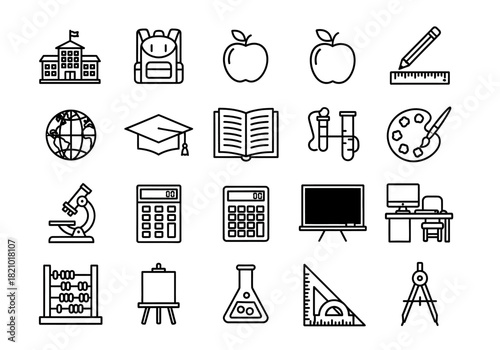Comprehensive collection of thin line icons for school and education, illustrating academic subjects and learning supplies for various projects