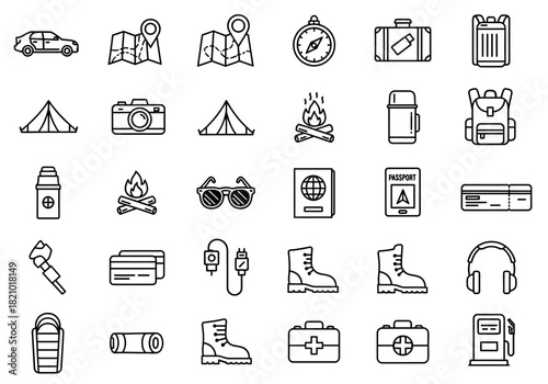 A comprehensive set of thin line icons for a travel journey, featuring essential outdoor camping and hiking adventure equipment