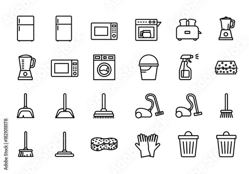A versatile collection of household appliance and cleaning supply line icons. Vector symbols representing domestic chores and kitchen equipment