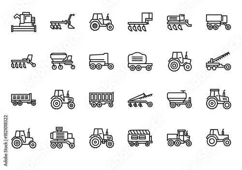 Set of agricultural machinery line icons. Farm equipment collection with tractor, combine harvester, and plow vector symbols