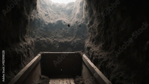 Wooden box inside a deep, dark hole, looking up at a bright, open sky