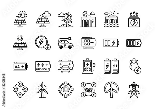 A comprehensive line icon set illustrating renewable energy sources, battery technology, and smart grid power distribution systems