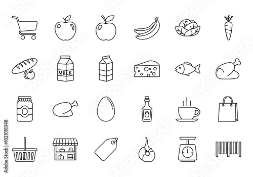 Grocery store and food products icon set. A minimal vector collection of market items like produce, dairy, and meat in a simple line art style