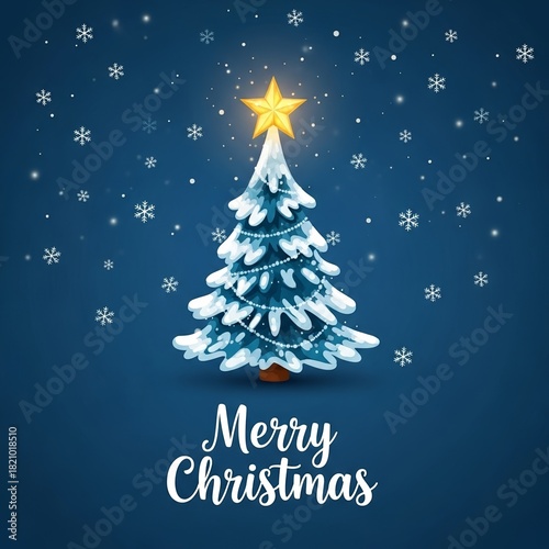 Merry Christmas greeting card – decorated Christmas tree with snow-covered branches, glowing lights, ornaments, and yellow star on top. Dark blue night sky with falling snowflakes.